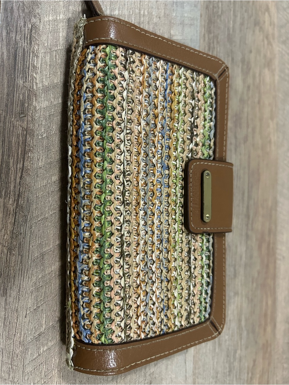 Woven Multicolor Straw Clutch with Brown Trim